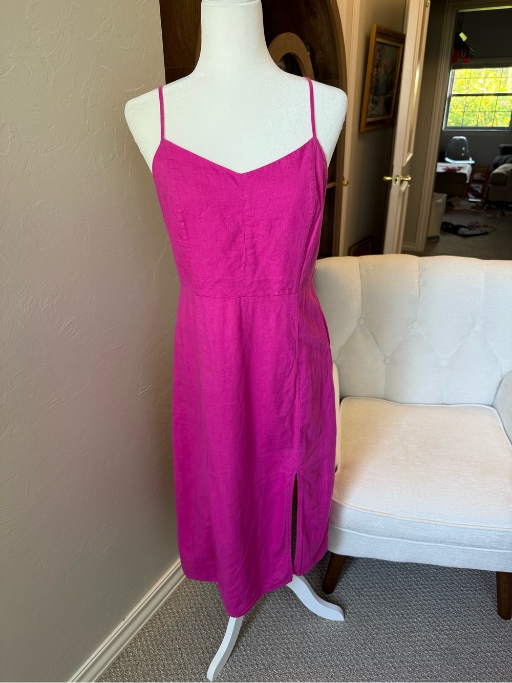 J.Crew Size 6 Hot Pink Fuchsia Linen Blend Midi Dress Smocked Back
